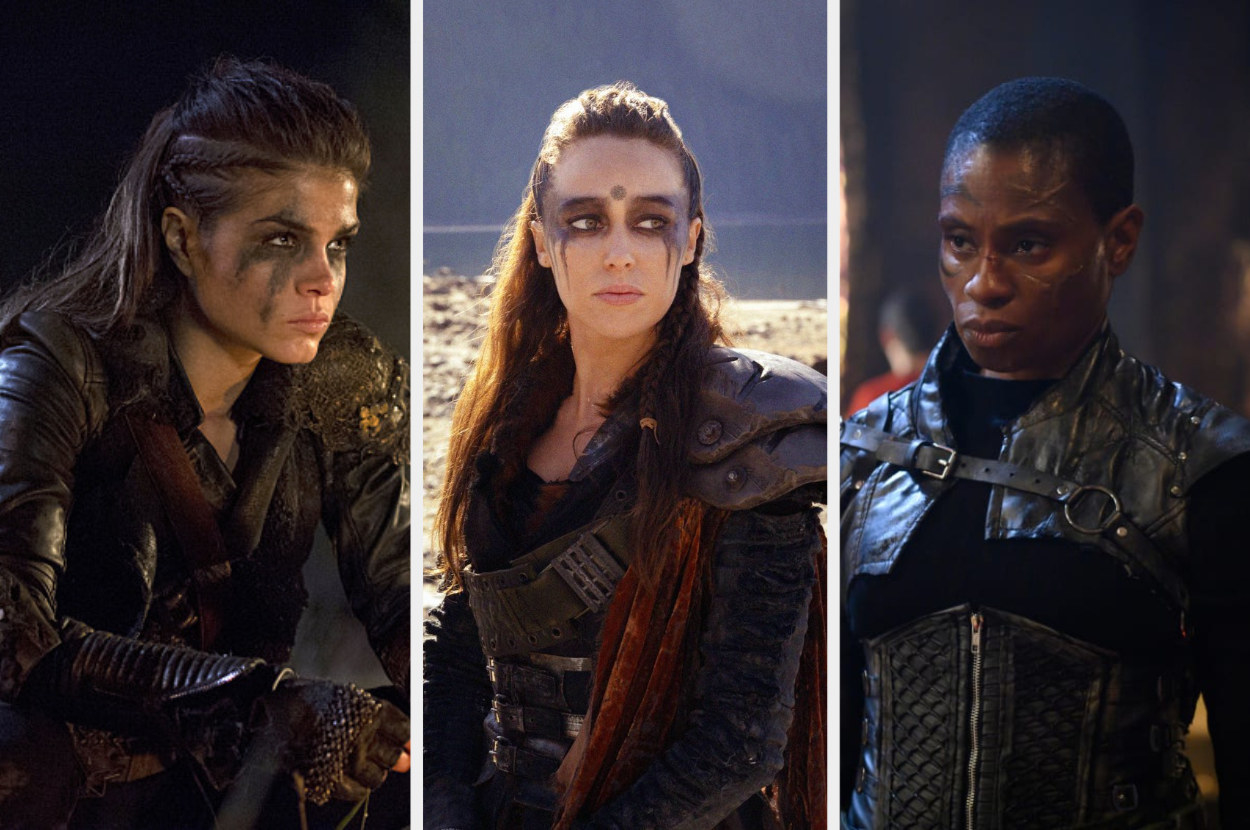 Marie Avgeropoulos as Octavia, Alycia Debnam-Carey as Lexa, and Adina Porter as Indra posing in &quot;The 100&quot;