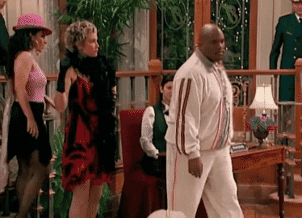 Mr. Moseby saves a vase after a hotel guest trips and falls on him