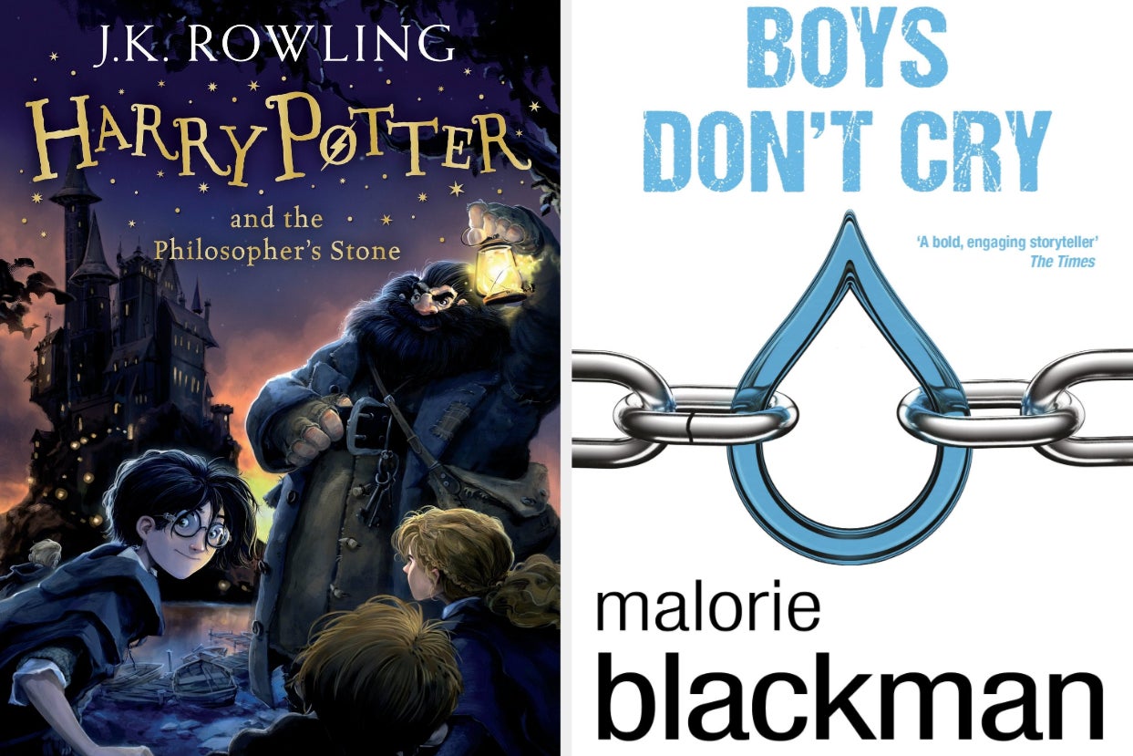 "Harry Potter" book cover, with illutsrations of some of the characters and a castle in the background. "Boy don't cry" book cover with a tear drop attached to a chain on the front.