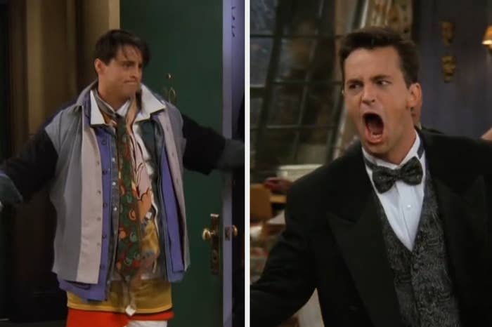Joey wearing all of Chandler&#x27;s clothes in &quot;Friends&quot;/Chandler wearing a tuxedo, angry and disgusted, in &quot;Friends&quot;