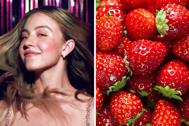 cassie from euphoria flipping her hair on the left and strawberries on the right