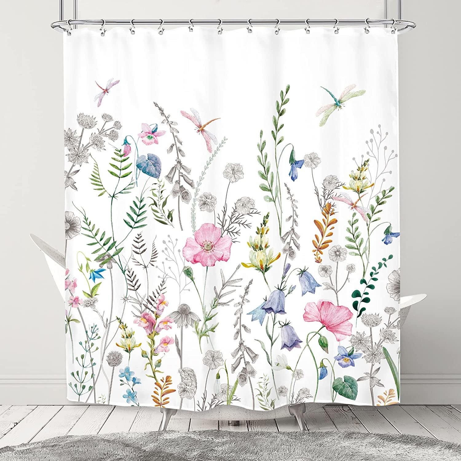 cortina para el baño con diseño de flores y libélulas