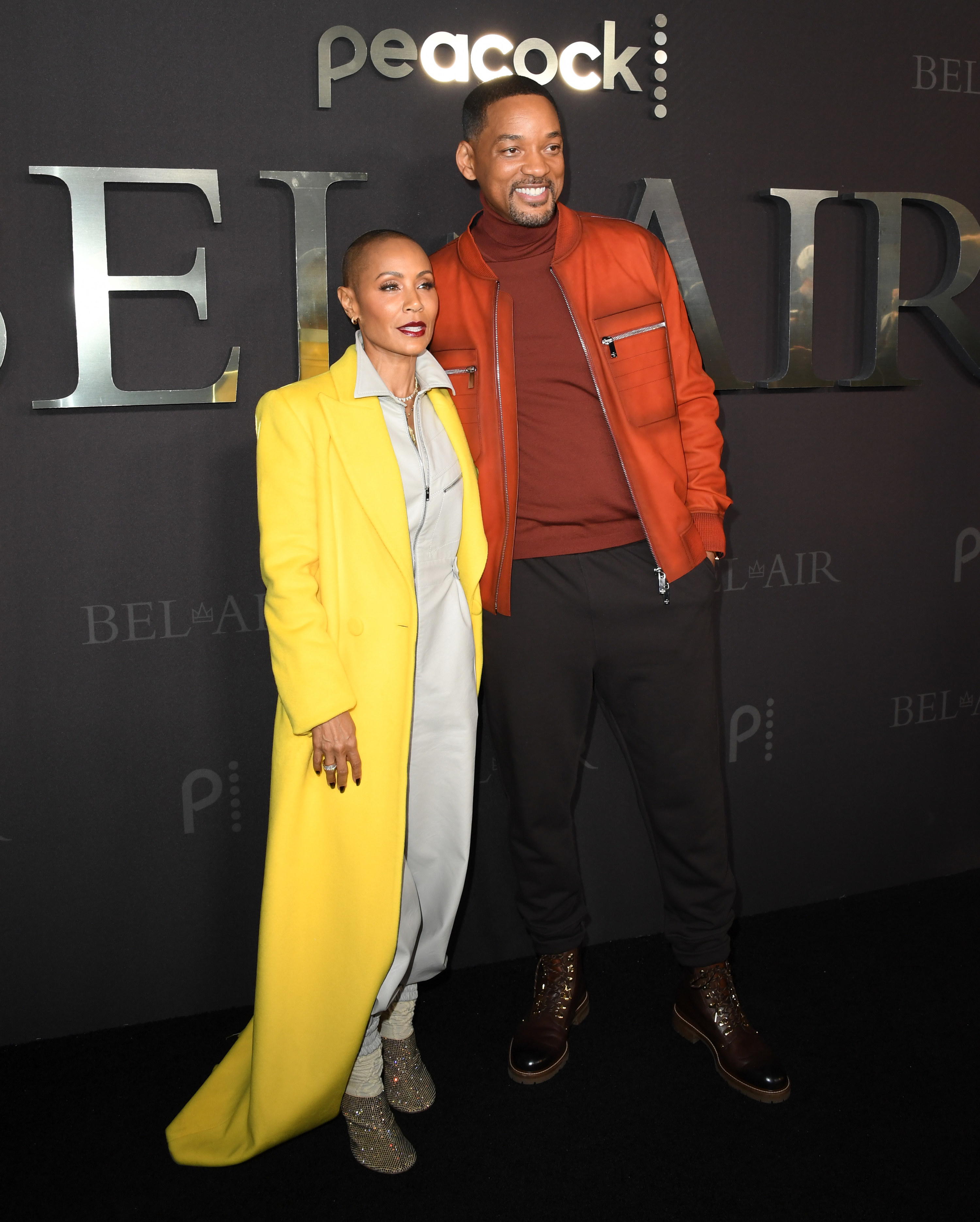 Will Smith and Jada Pinkett Smith pose at the Peacock premiere.