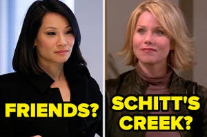 Lucy Liu with the word friends written on top of her photo with a question mark and Christina Applegate with Schitt's Creek written on top of her question mark