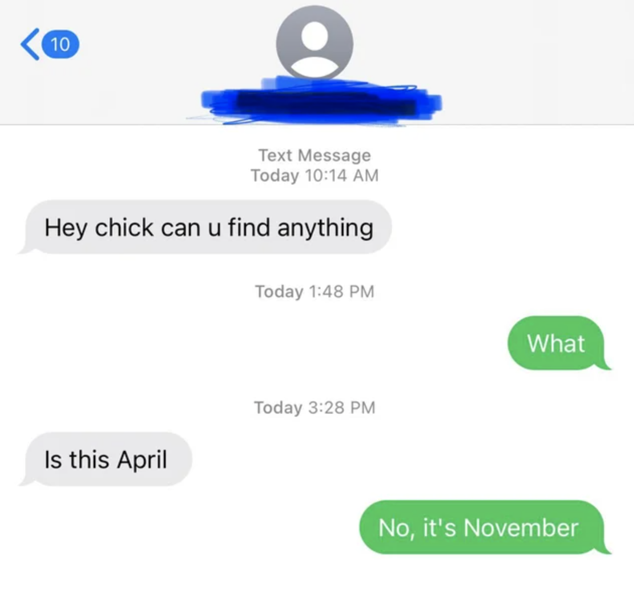 wrong number text of someone sayiing their naame is april to someone who says their name is november