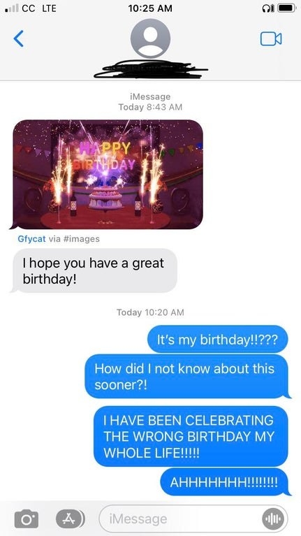wrong number text of someone wishing a stranger happy bday