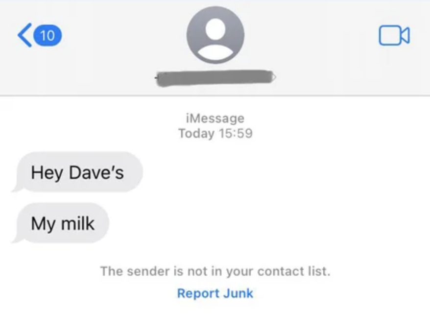 wrong number text that reads hey dave&#x27;s my milk