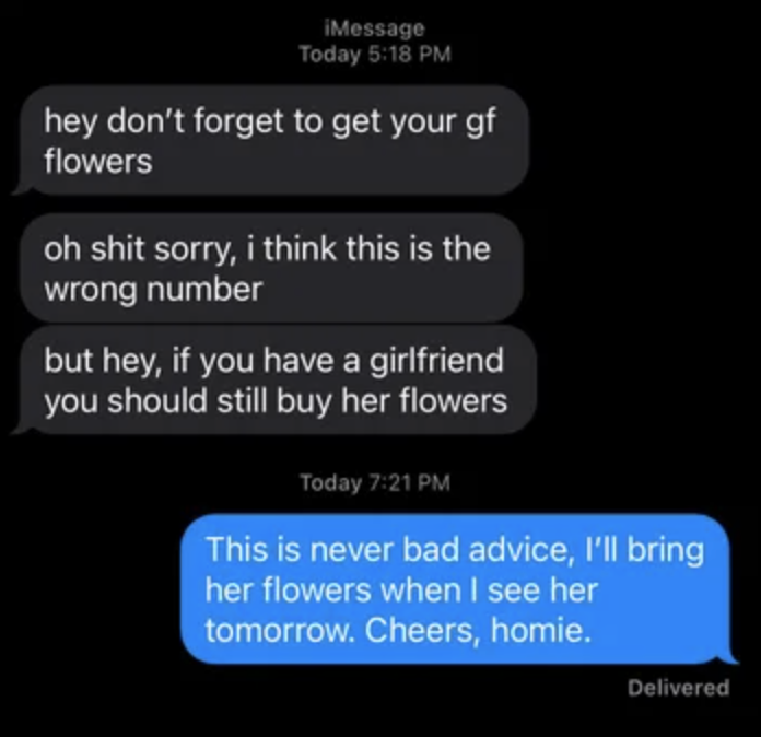 wrong number text of someone saying to get their gf flowers