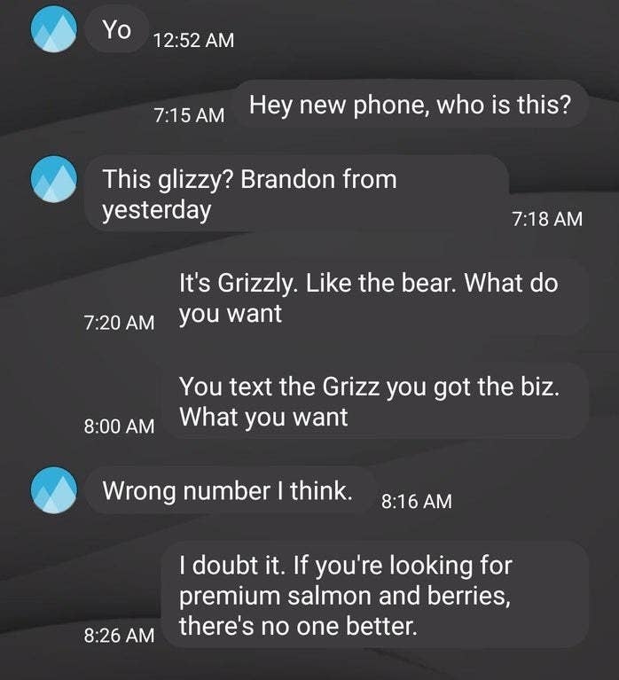 wrong number text of someone prettending to be a bear