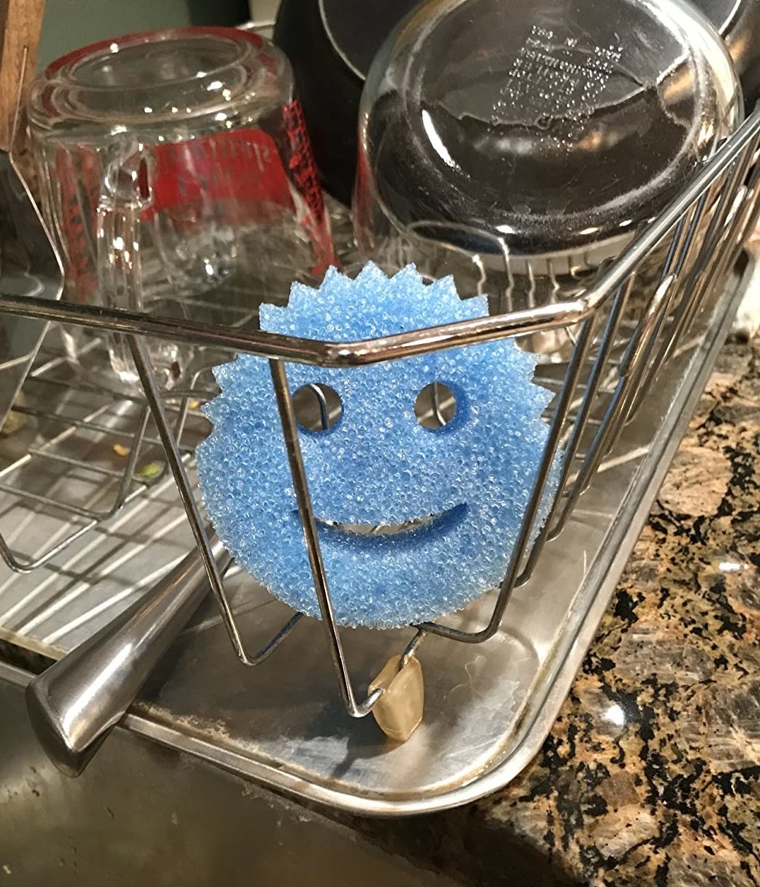 reviewer image of a blue scrub daddy in a dish-drying caddy