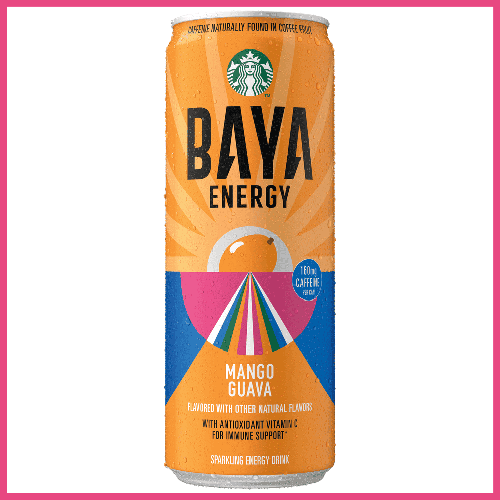 Promotional imagery of Starbucks BAYA™ Energy drinks showing three flavors: Mango Guava, Pineapple Passionfruit, and Raspberry Lime