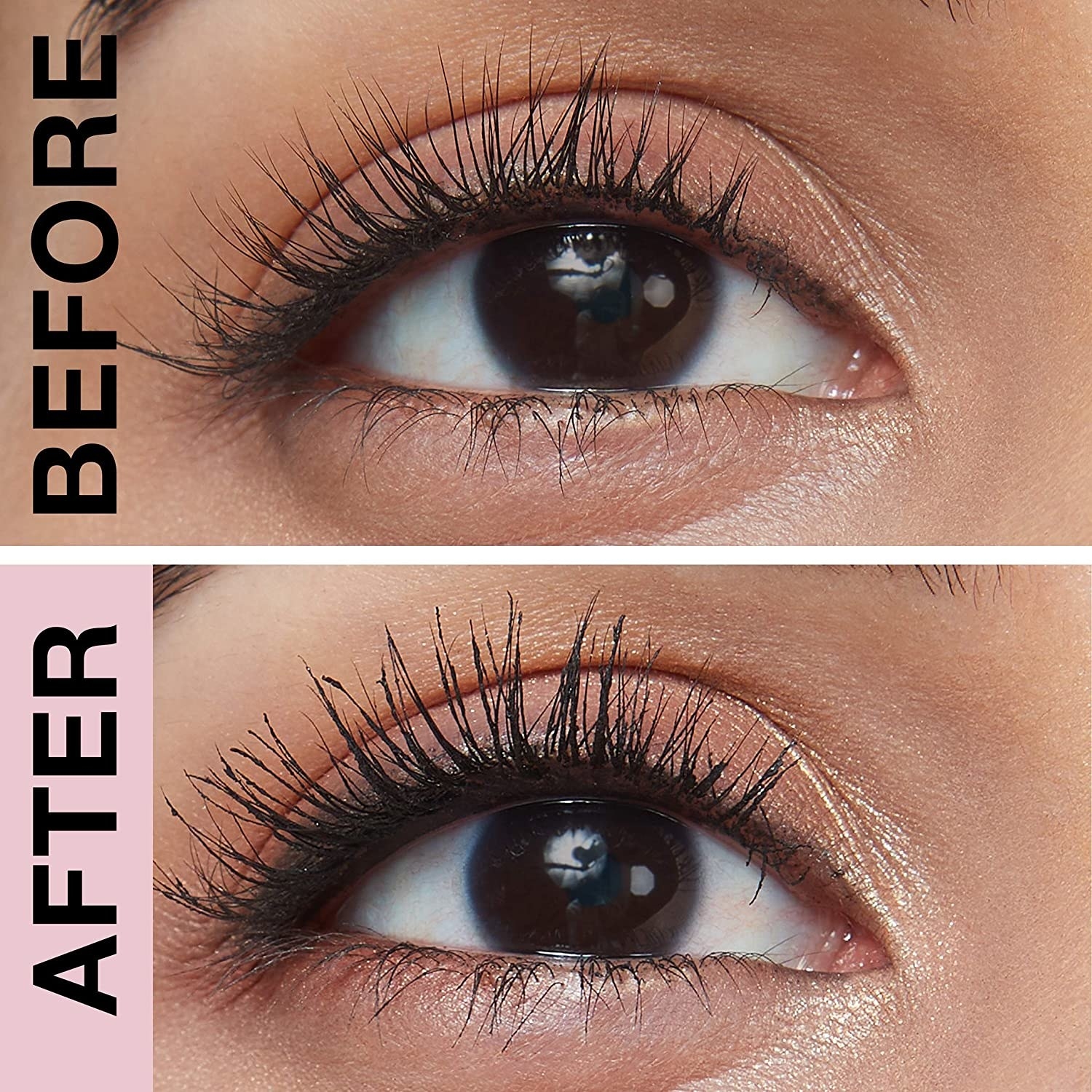 A before image of someone&#x27;s eye lashes looking sparse and undefined, an after image of the wearing mascara on their lashes making them longer and thicker