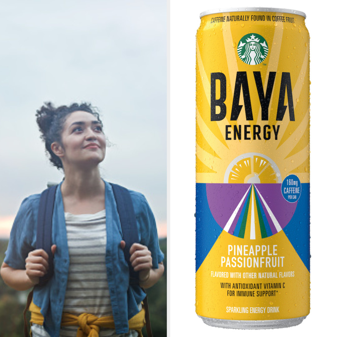A split frame of a young woman on a hike and a promotional image of Starbucks BAYA™ Energy Pineapple Passionfruit