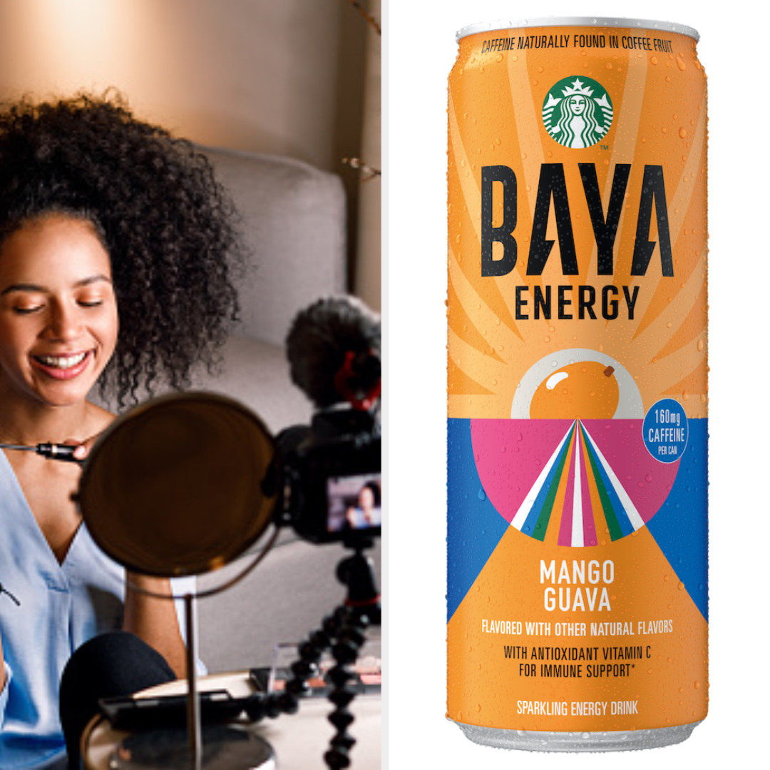 A split frame of a young woman vlogger applying makeup in front of a camera and a promotional image of Starbucks BAYA™ Energy Mango Guava