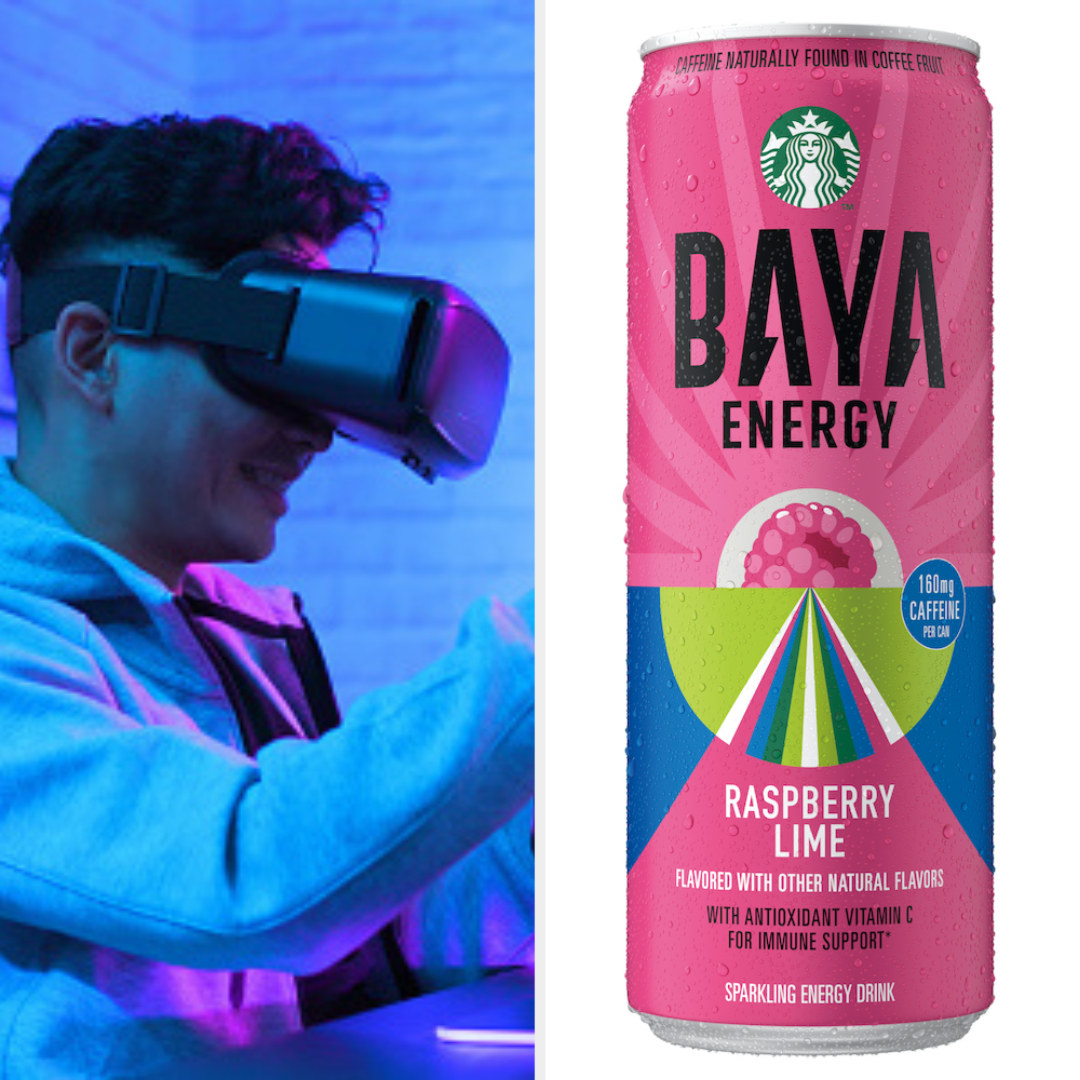 A split frame of a young person with a VR gaming headset and a promotional image of Starbucks BAYA™ Energy Raspberry Lime