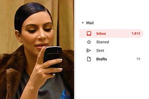 kim kardashian on her phone on the left and an email inbox with 1800 unread emails on the right