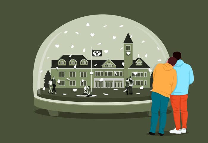 An illustration in which two people wearing hoodies lean against each other and peer into a snow globe of a college campus, in which couples are paired up