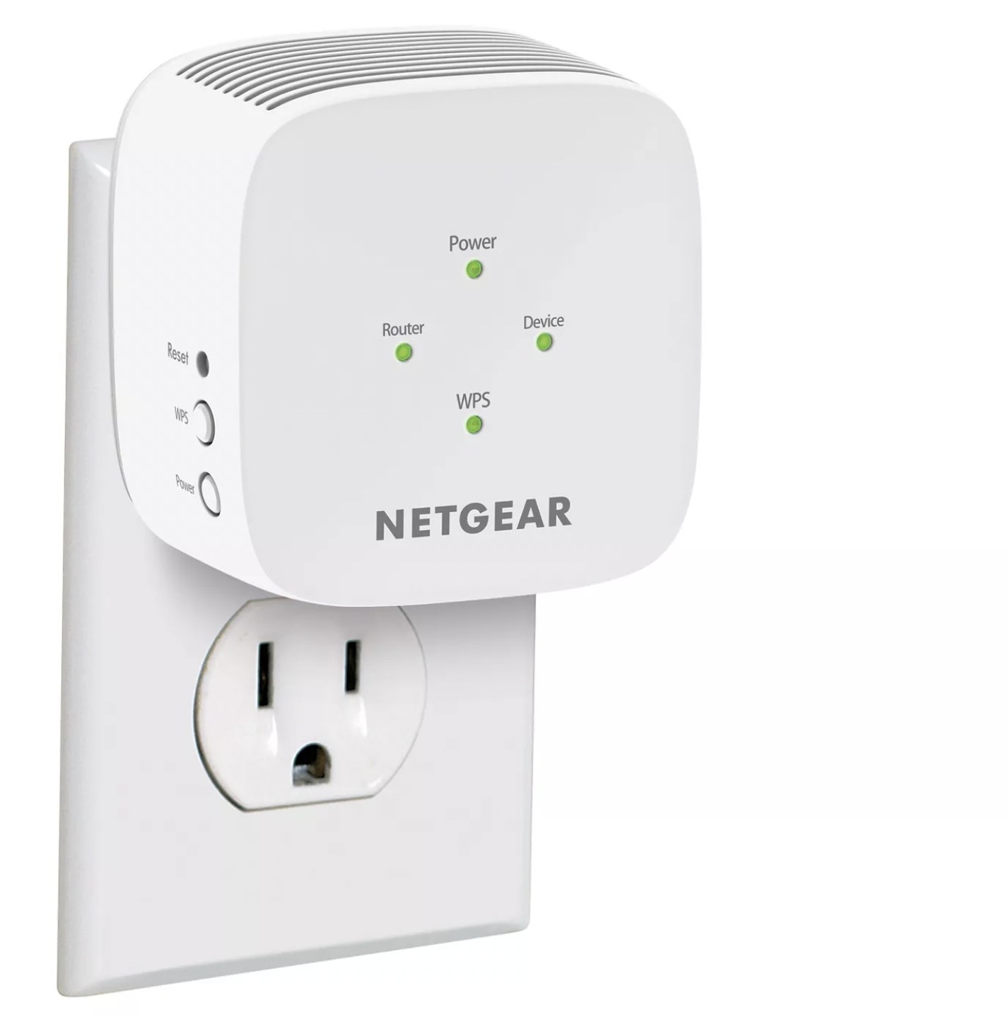 The Netgear extender plugged into an outlet