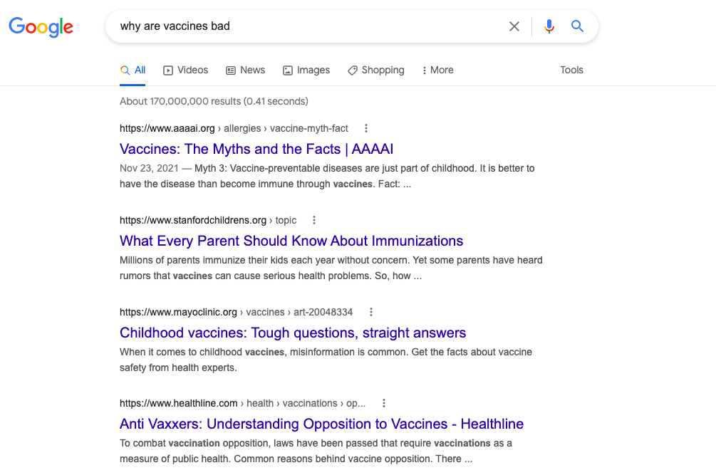 top results from the AAAI, Stanford, Mayo Clinic, and Healthline all address myths about vaccines with scientific evidence