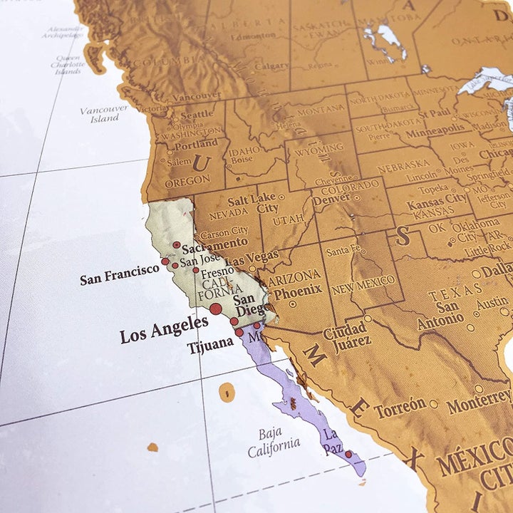 close-up of the map on the U.S. west coast, mostly scratched off