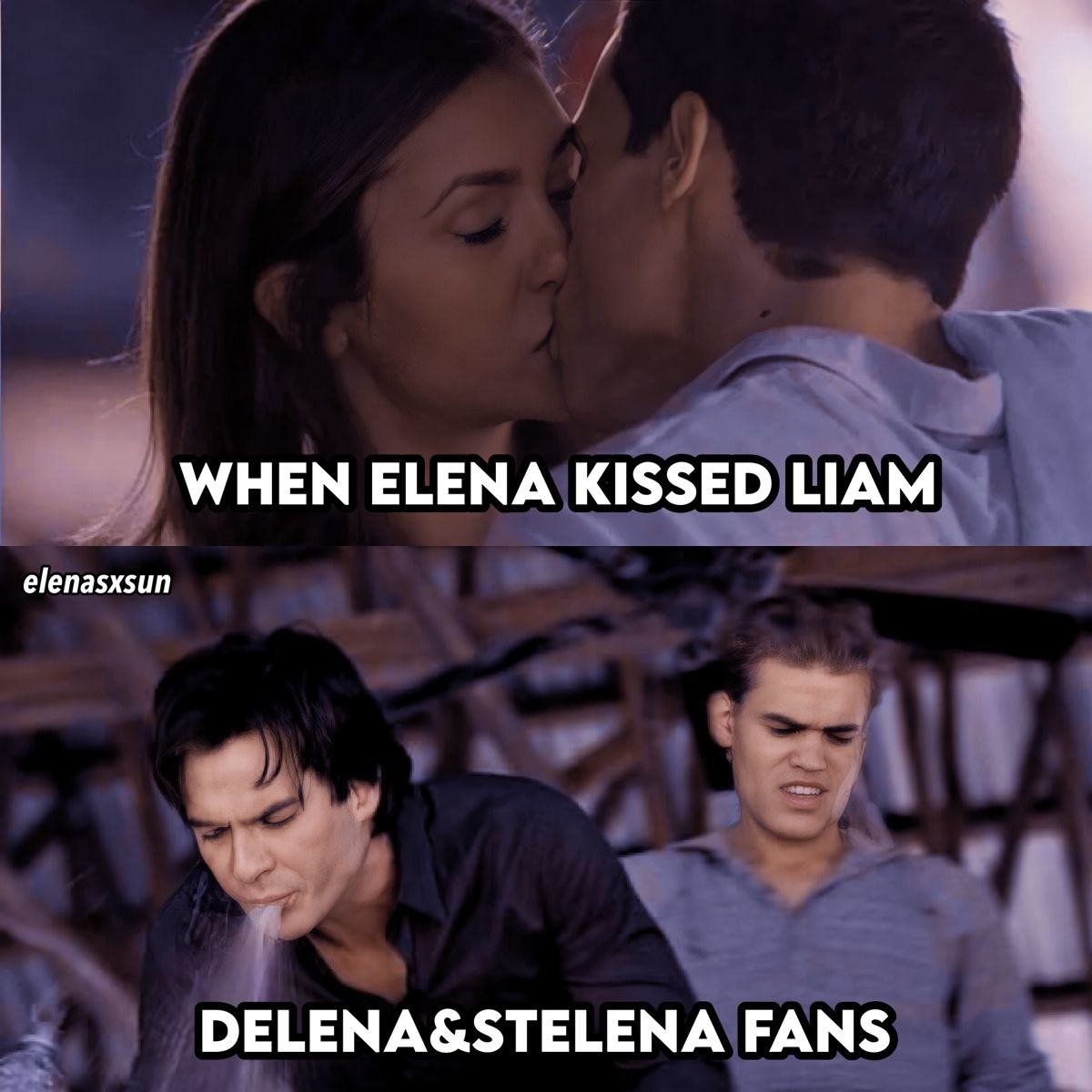 Elena and Liam kissing on top and Stefan and Damon in bottom photo looking nauseated and vomiting as &quot;Delena &amp; Stelena fans&quot;