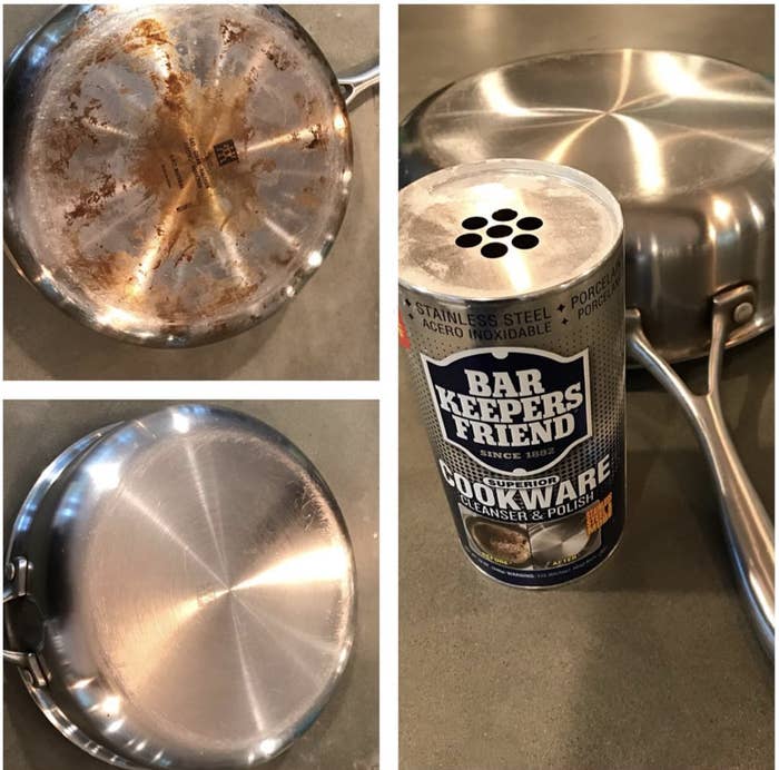A before and after collage of Barkeeper&#x27;s Friend Cookware and a stainless steel saucepan with all the rust and residue cleaned off