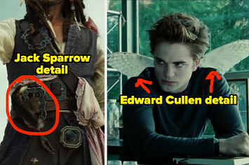 Jack Sparrow with one of his belts circled and Edward Cullen with arrows pointing to the wings behind him