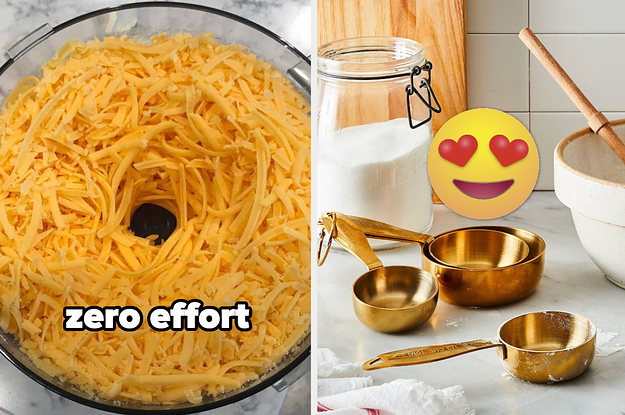 shredded cheese with text: zero effort / gold measuring cups and other baking tools on a counter with a heart eyes emoji