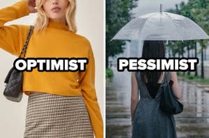 On the left, someone wearing a bright turtleneck sweater labeled optimist, and on the right, someone carrying a clear umbrella while walking in the rain labeled pessimist