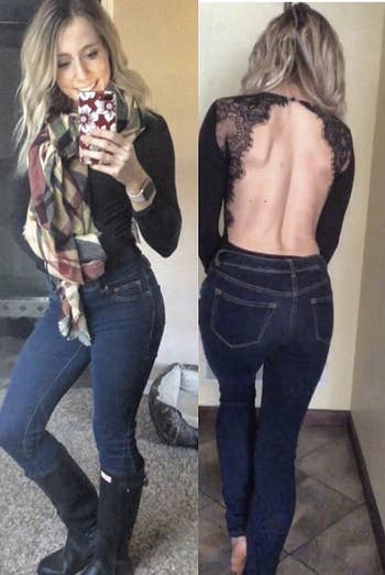 reviewer showcasing front and back of bodysuit
