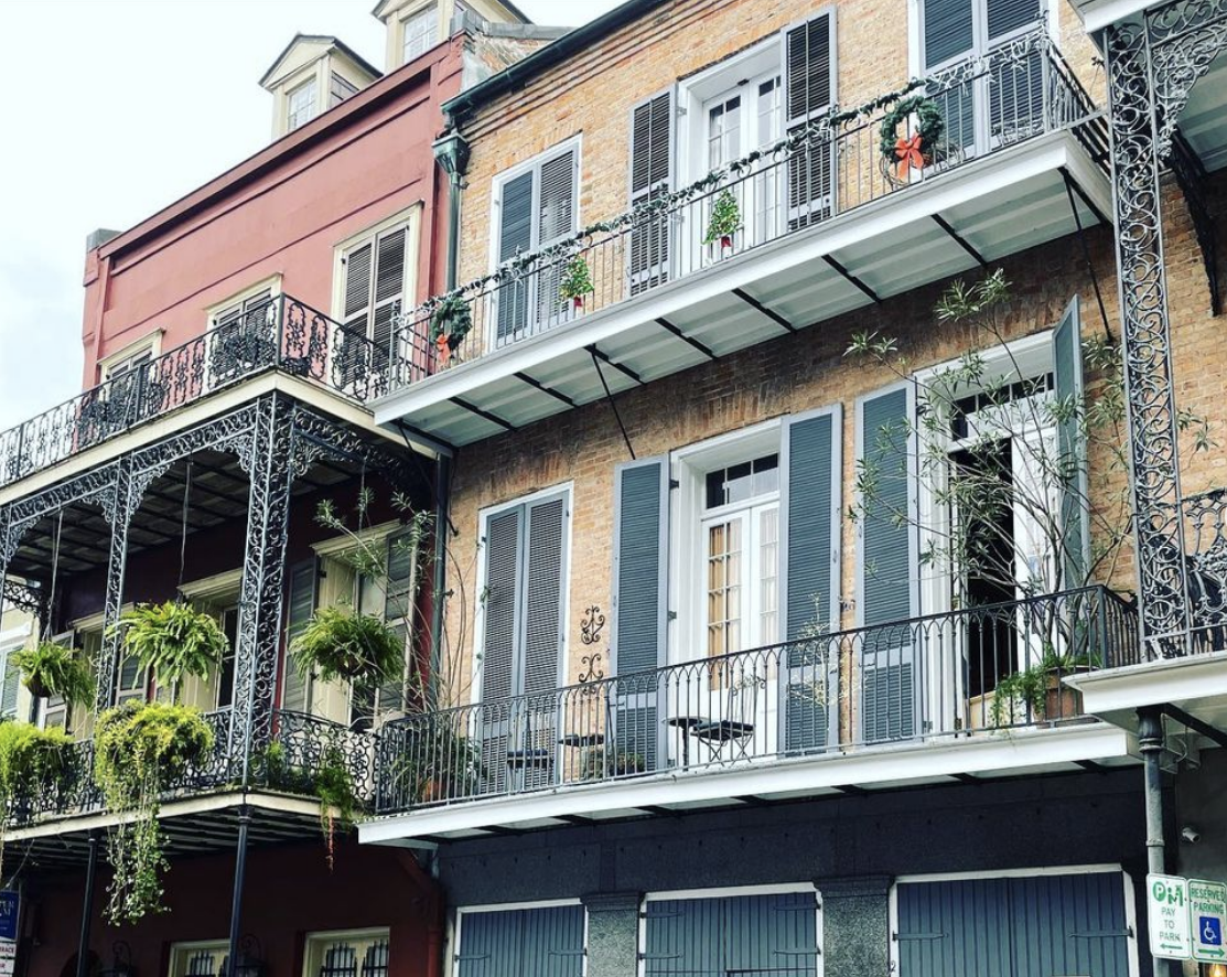 Balconies of a row of buildings in the French Quarter of New Orleans