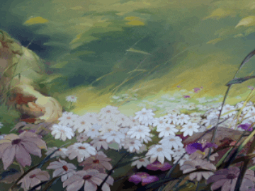 An animated gif of a skunk emerging from a bed of flowers
