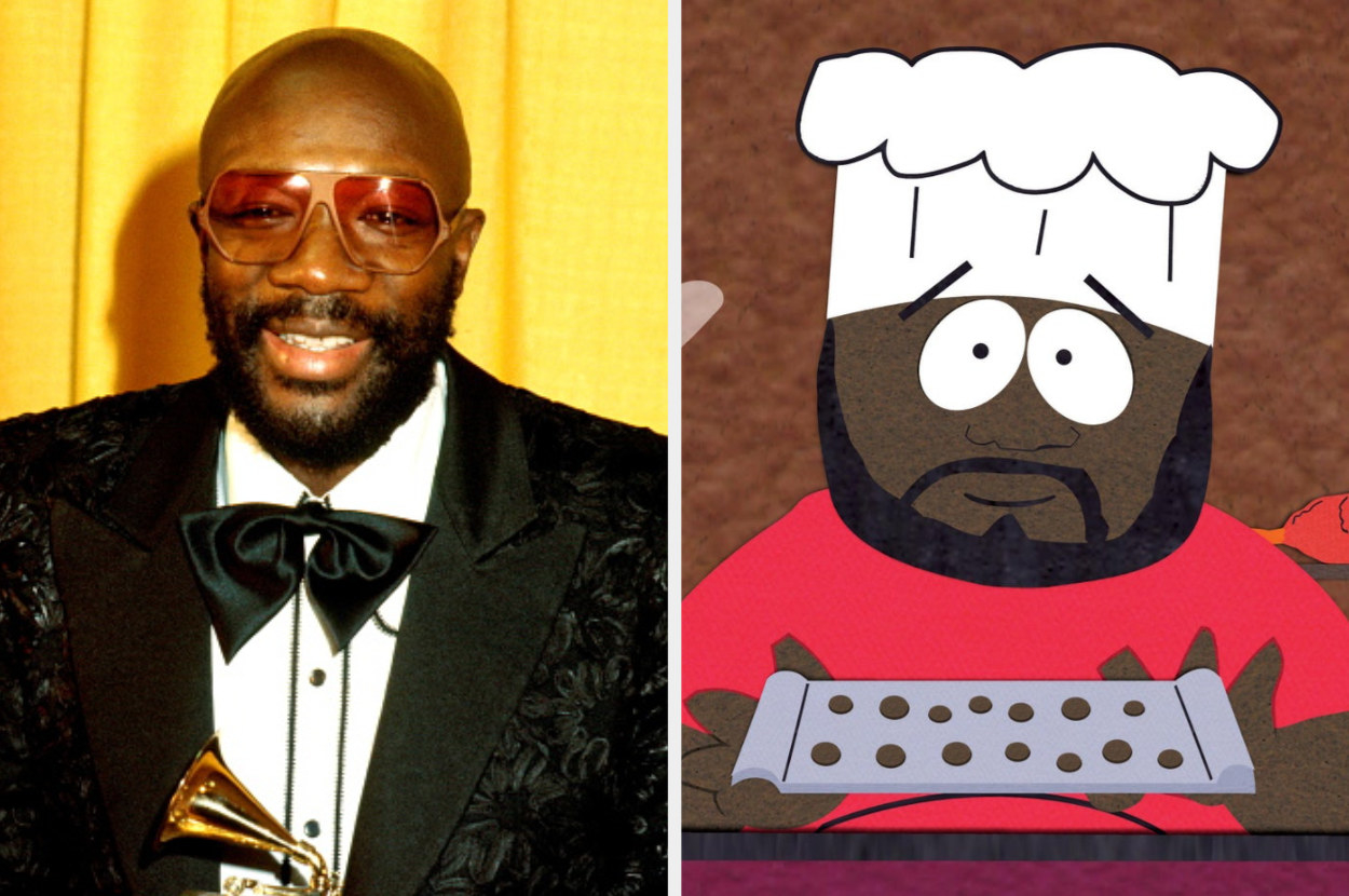 two photos, left: Hayes and right: Chef from &quot;South Park&quot;