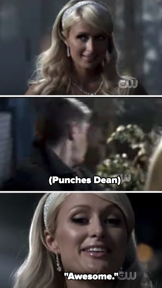 Paris appears, punches Dean, and says &quot;awesome&quot;