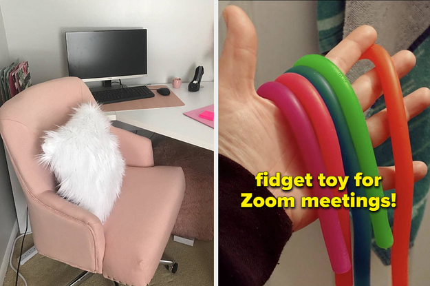 a pink chair in a home office / Monkey Noodles fidget toys held in a hand
