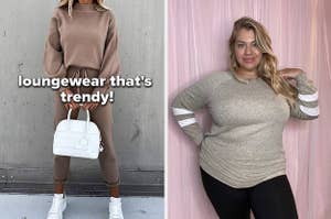 left image: a matching loungewear set, right image: reviewer wearing varsity long sleeve