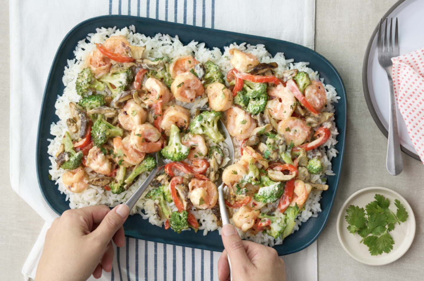 Hands cut into a shrimp, broccoli, and rice dish