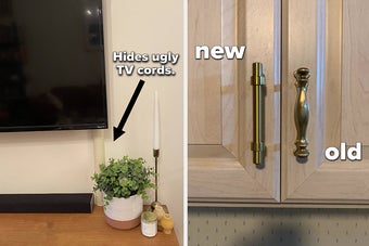 (left) TV cord cover (right) cabinet handles
