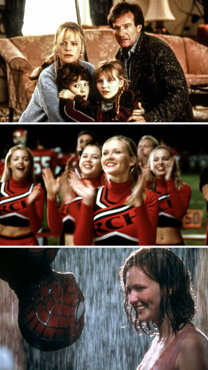 Kirsten Dunst huddling with her family in &quot;Jumanji,&quot; cheering at a football game in &quot;Bring it on,&quot; and approaching &quot;Spider-Man&quot; in the rain before their big kiss