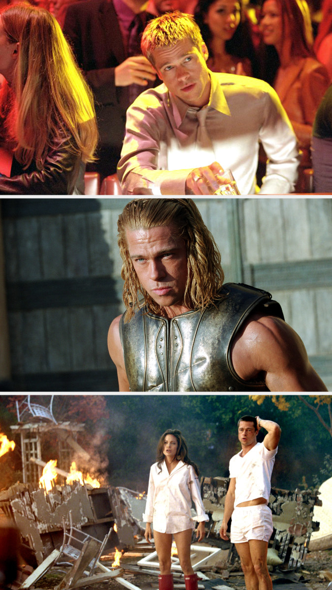 Brad Pitt drinking at a bar in &quot;Ocean&#x27;s Eleven,&quot; in armor for &quot;Troy,&quot; and standing in rubble alongside Angelina Jolie in &quot;Mr &amp; Mrs. Smith&quot;