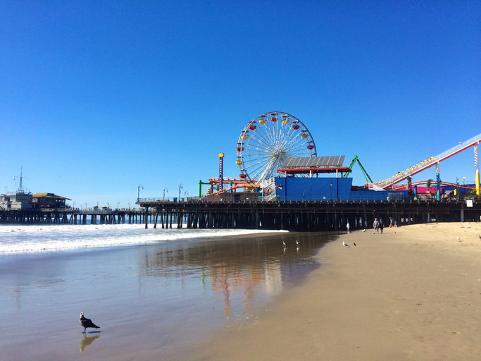 A view of the Santa Monica Pier from the beach