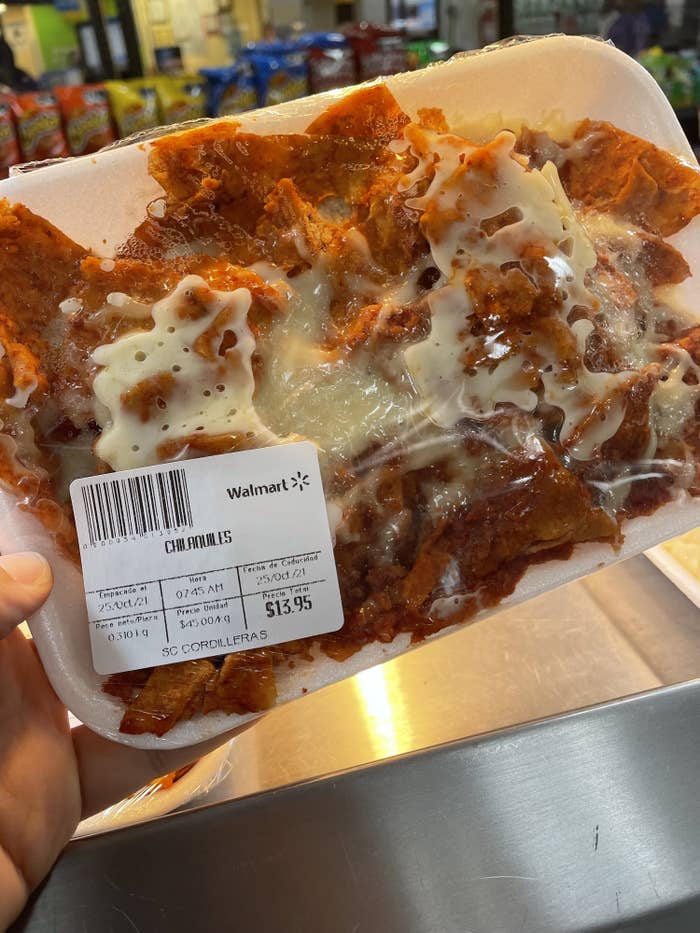 Hot chilaquiles at Walmart in a foam container