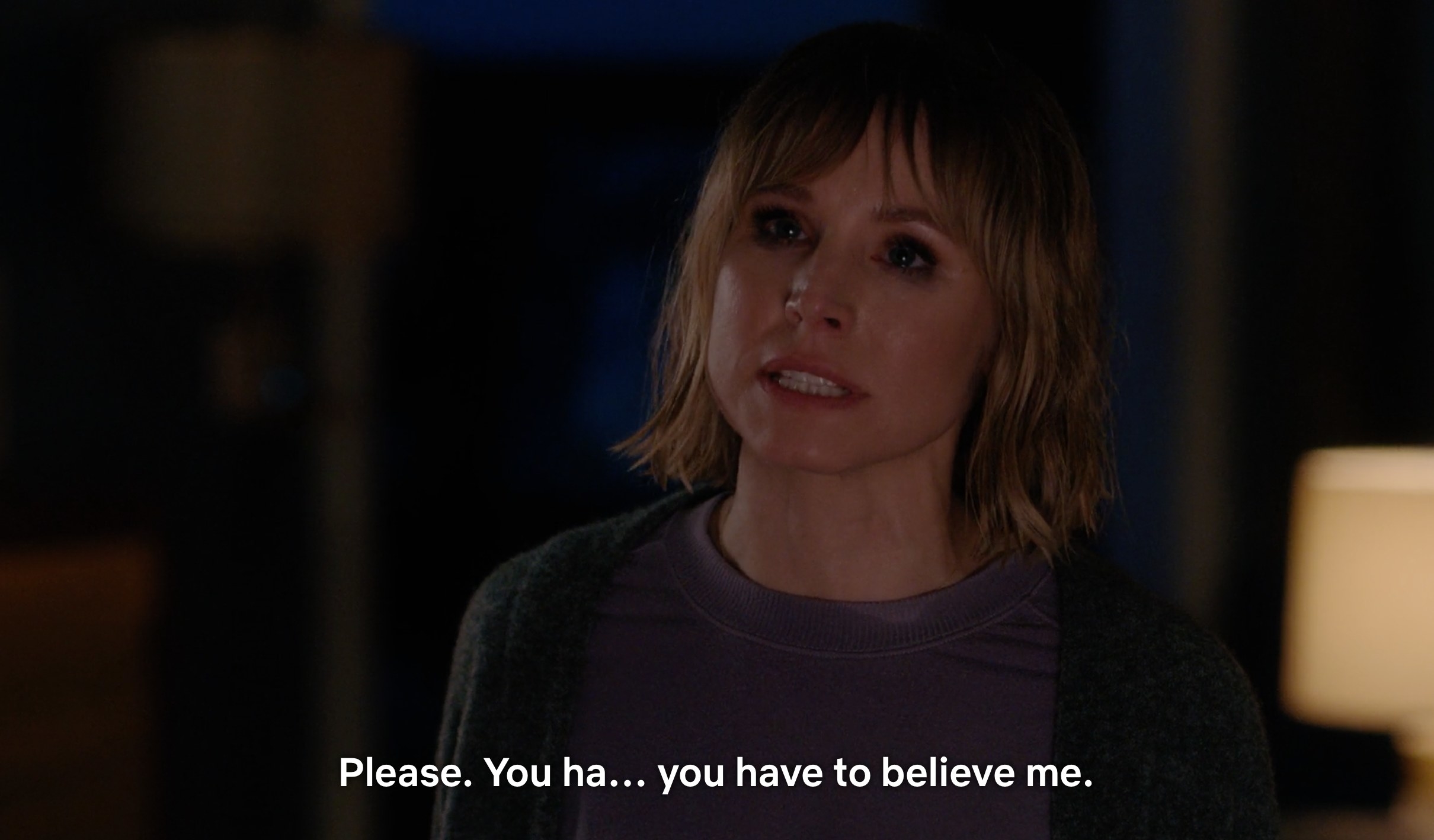 A drenched Kristen Bell asking a detective to please believe her report of witnessing a murder