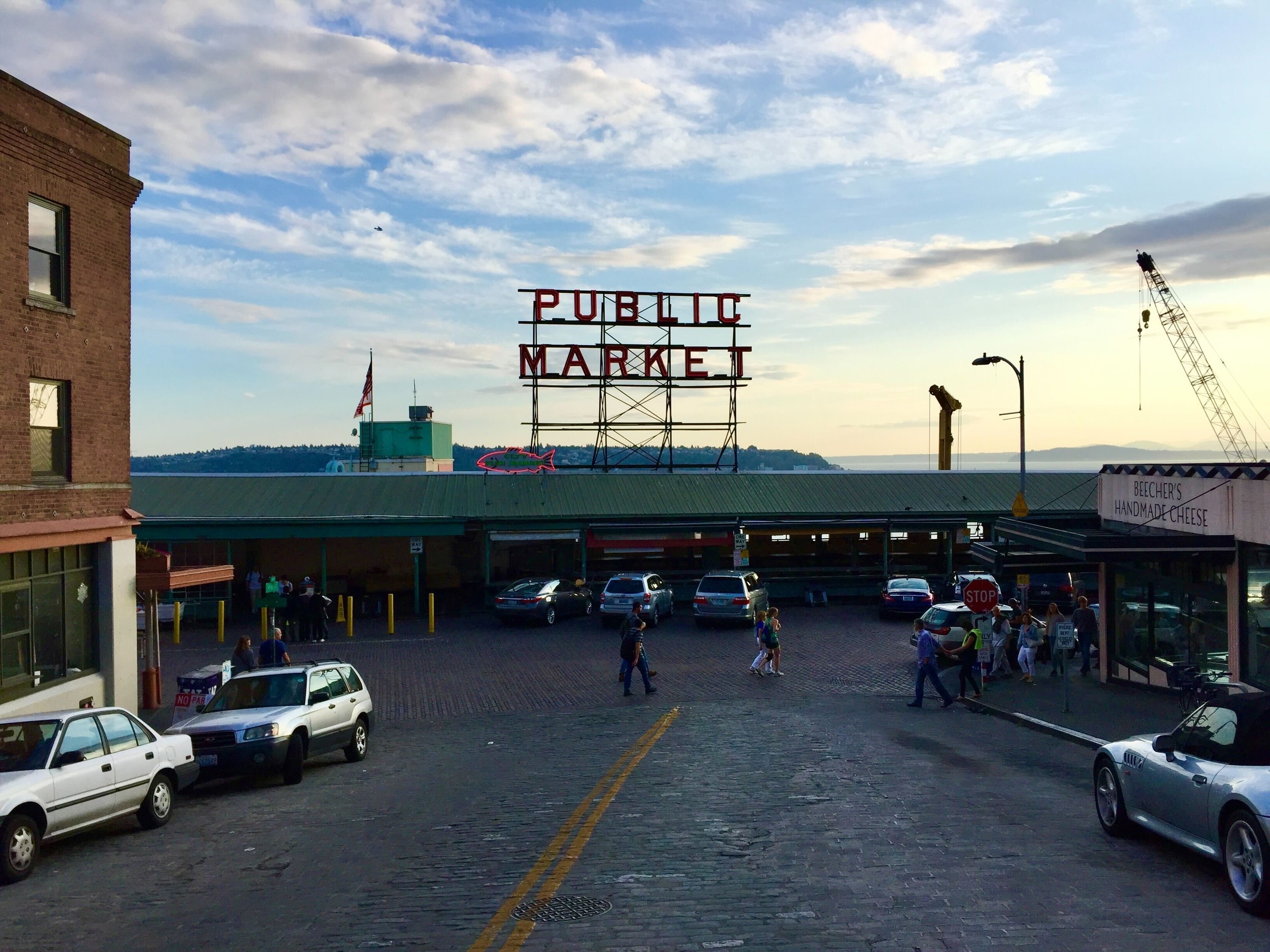 A view of Pike Place Market at sunset