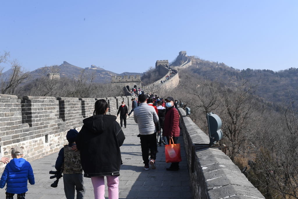 Tourists walking along the Great Wall
