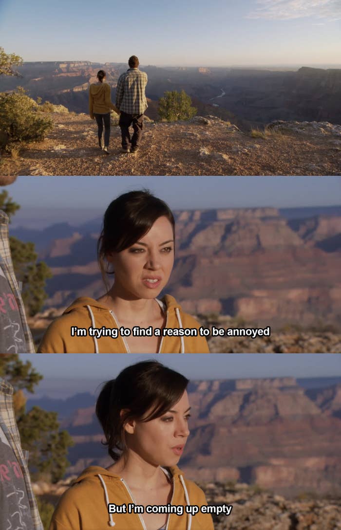 April from "Parks and Recreation" looking at the Grand Canyon and saying, "I'm trying to find a reason to be annoyed but I'm coming up empty"