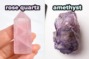 On the left, a rose quartz, and on the right, an amethyst