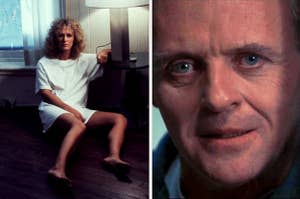Glenn Close as Alex in Fatal Attraction side by side with as Anthony Hopkins Hannibal Lector in The Silence of the Lambs