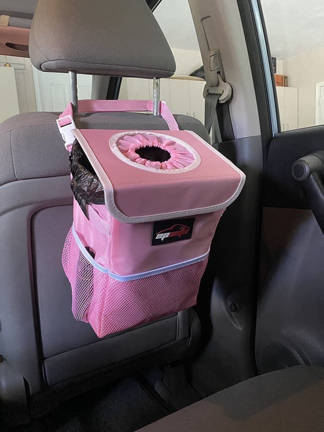 Reviewer's trash can placed on car seat