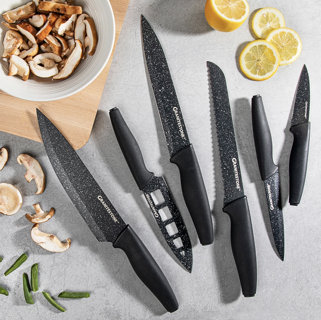 a flatlay of then knife set on a kitchen counter